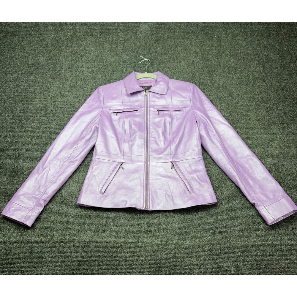 Alfani Womens Metallic Lavender Purple Genuine Leather Zip Moto Jacket Small